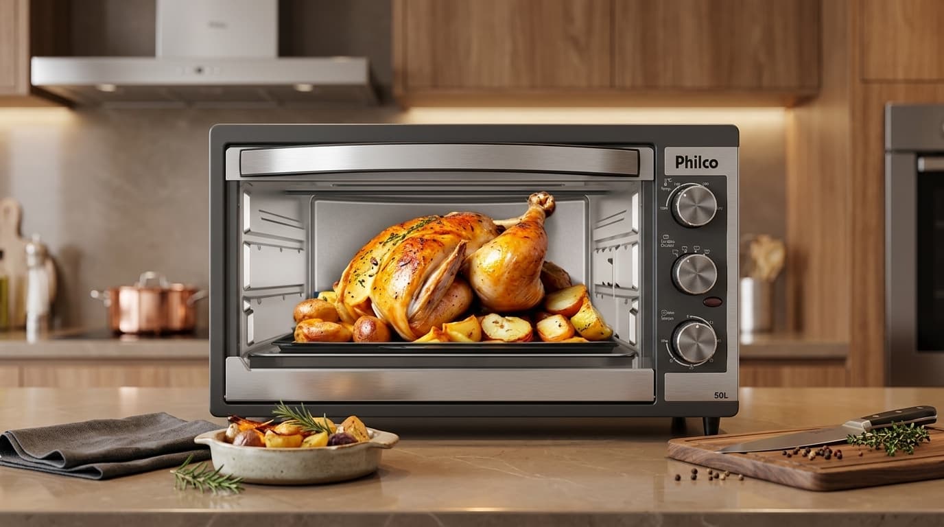 Forno Elétrico Philco PFE52P 50L com frango assado e batatas douradas, mostrando a porta de vidro e os controles