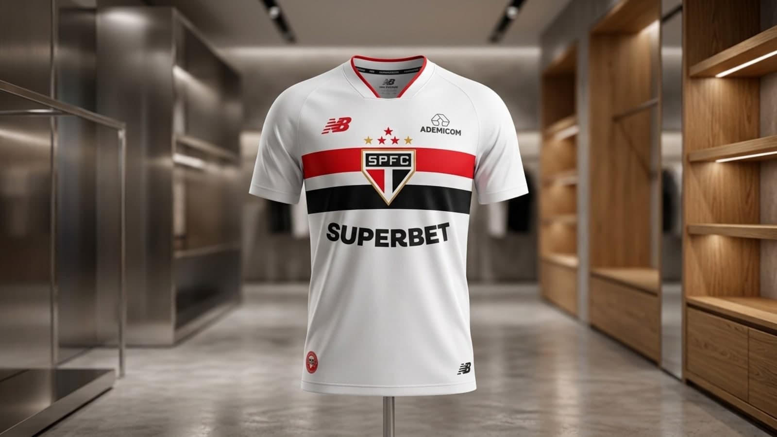 Camisa do São Paulo Masculina New Balance Original em destaque, com o escudo do clube e logo New Balance.