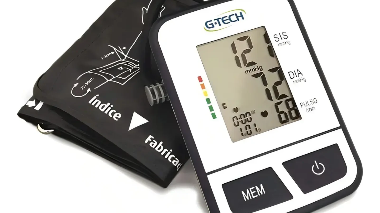 Aparelho de Pressão Digital de Braço G-Tech BSP11, na cor branco com preto, mostrando o visor e a braçadeira.