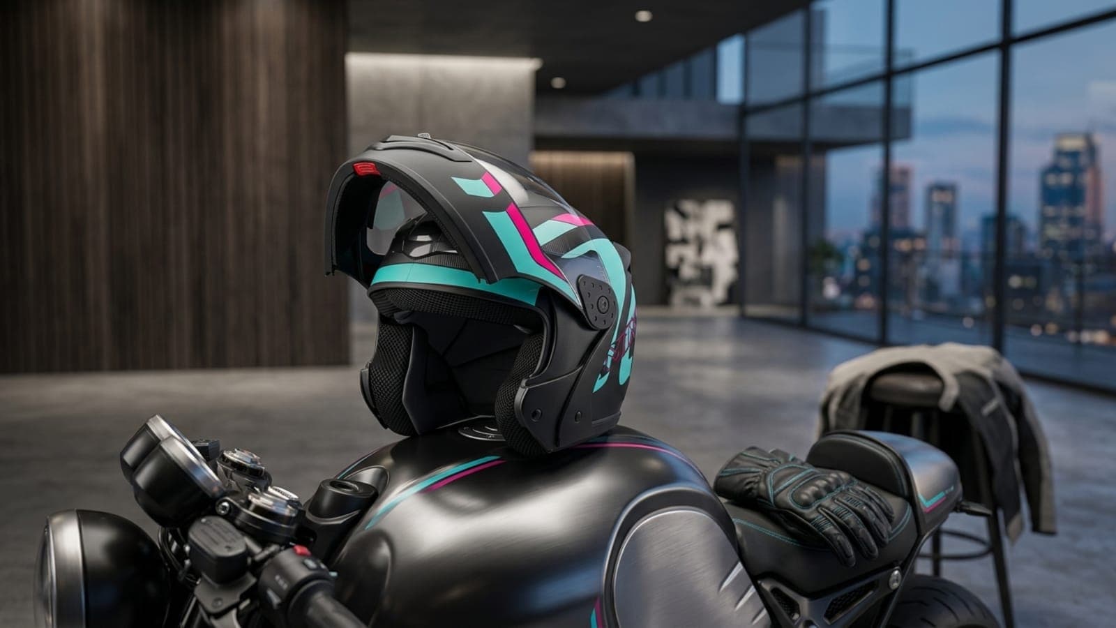 Capacete Mixs Gladiator Delta S na cor Azul Rosa Fosco com viseira levantada em ambiente urbano.